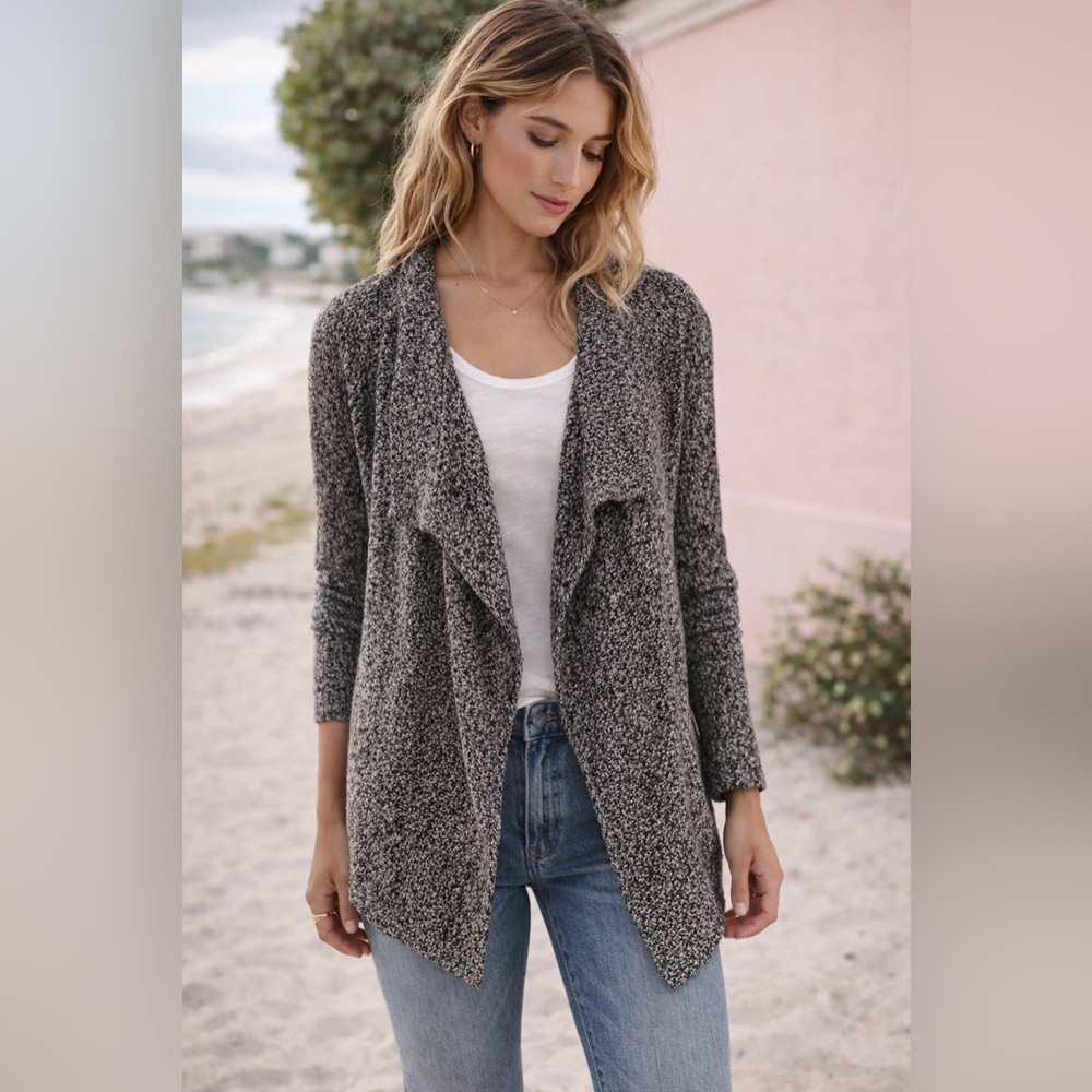 Lou & Gray Marled Open Front Cardigan XS Black White Minimalist Merino Wool